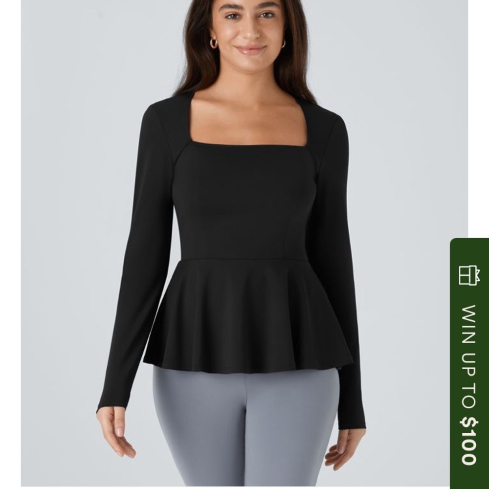 Square Neck Long Sleeve Ruffle Hem Work Top XS NWT